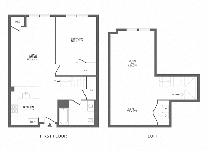 Floor plan for 1 bed, 1 bath, 1040 sqft